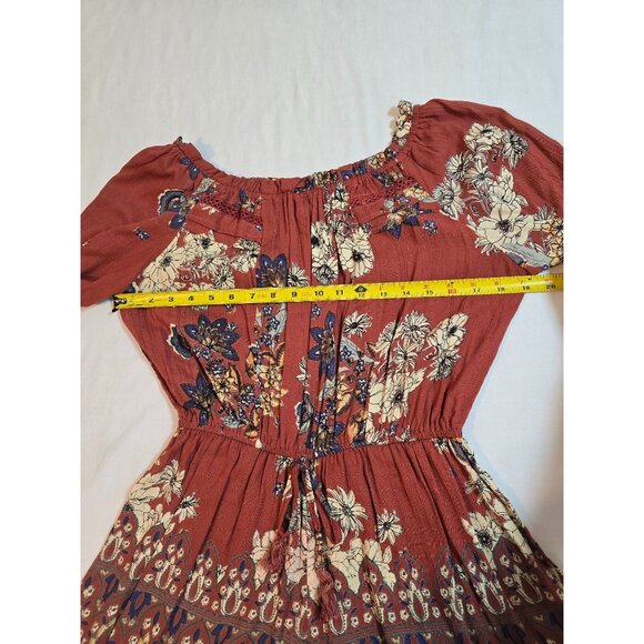 Angie Rust Floral Print Off-Shoulder Romper With Bell Sleeves & Waist Tie Size M - Picture 8 of 15